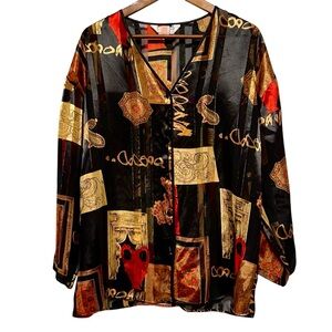 90s Sheer Blouse Autumn Art Print Maximalist Dark Boho Statement Layering Top M